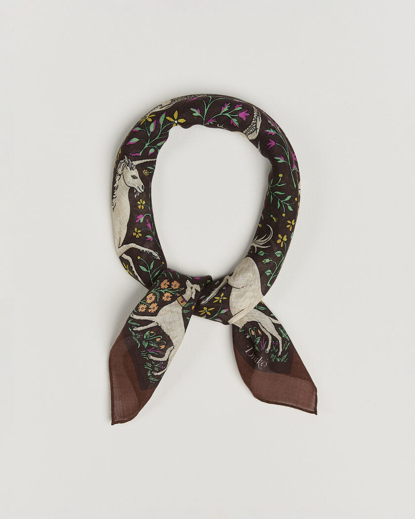Drake's Unicorn Print Wool/Silk Bandana Brown – Brun
