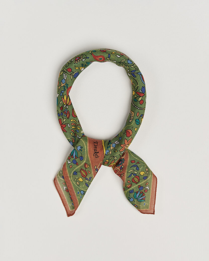 Drake's Tiger Garden Wool/Silk Bandana Green – Grön