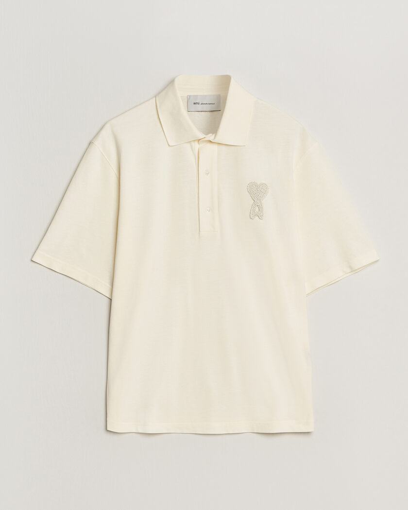  AMI Knitted Heart Logo Polo Creme – Vit