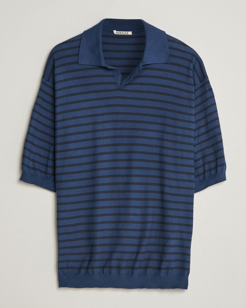 Auralee Cotton Knit Skipper Polo Navy Stripe – Blå