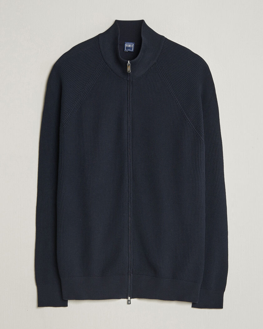 Fedeli Giza Cotton Full Zip Sweater Navy – Blå