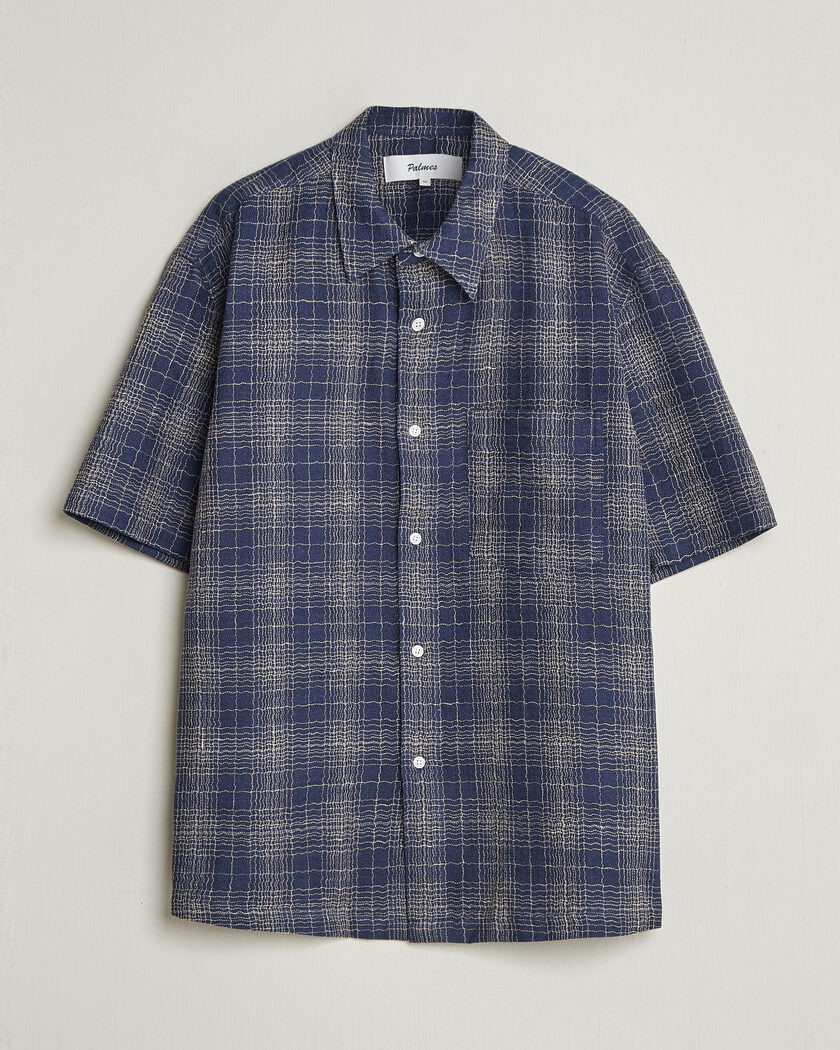 Palmes Cotton/Linen Short Sleeve Shirt Navy Check – Blå