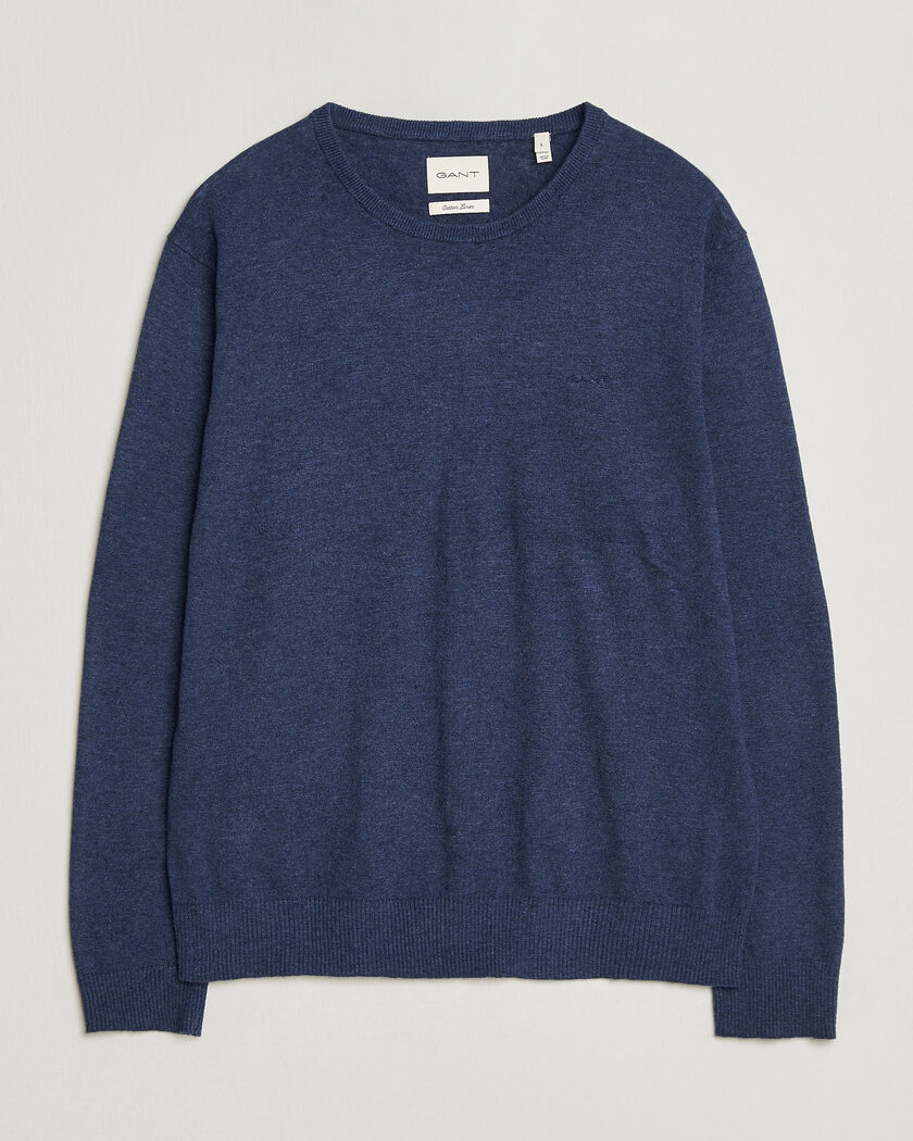 GANT Cotton/Linen Slub Knitted Sweater Dark Indigo Melange – Blå