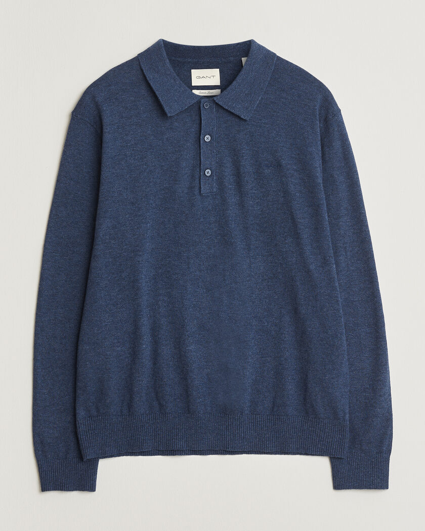 GANT Cotton/Linen Slub Knitted Polo Dark Indigo Melange – Blå