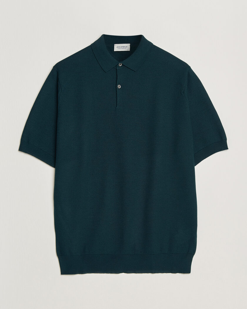 John Smedley 14 Singular Knitted Textured Polo Richardson Green – Grön
