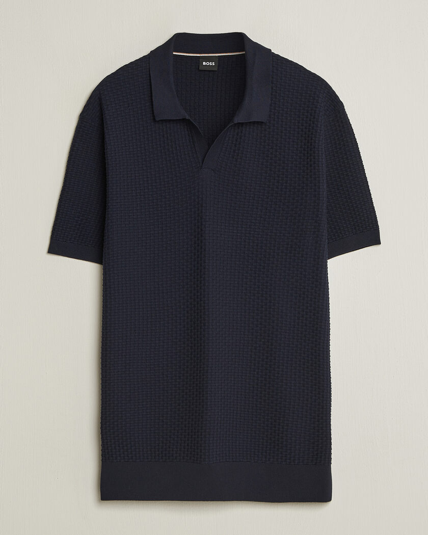 BOSS BLACK Natalo Structured Knitted Polo Dark Blue – Blå