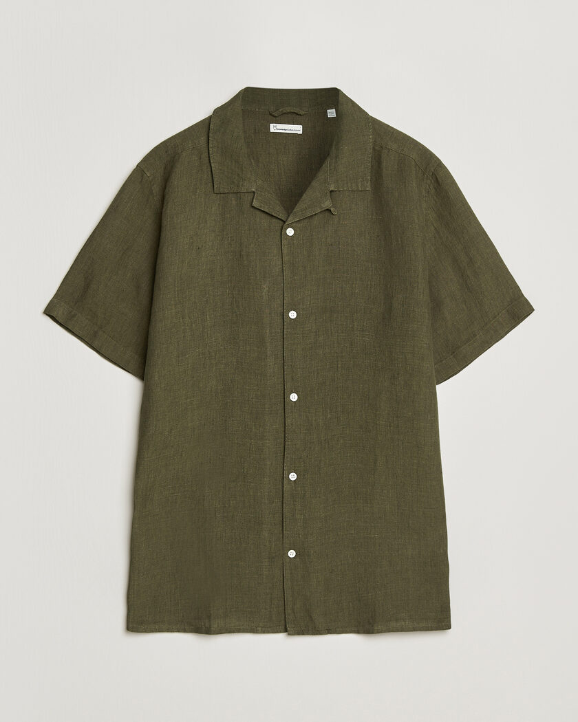 KnowledgeCotton Apparel Short Sleeve Linen Resort Shirt Burnt Olive – Grön