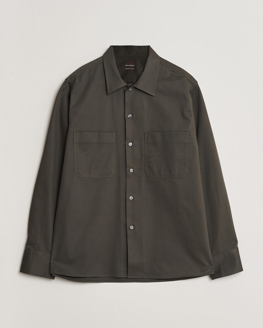 Oscar Jacobson Straight Fit Bowling Collar Cotton Shirt Olive – Grön