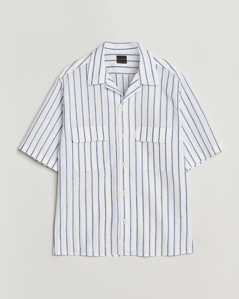 Oscar Jacobson Striped Short Sleeve Linen Shirt Navy/White – Vit