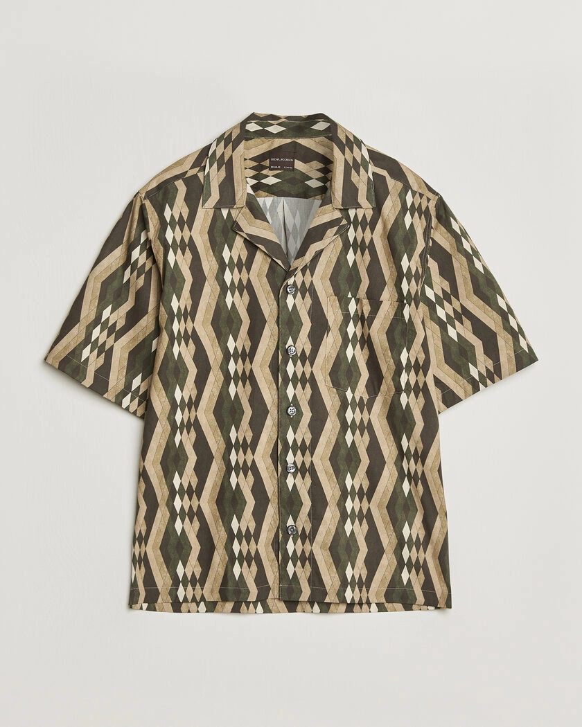 Oscar Jacobson Reg Fit Cuban Printed Short Sleeve Shirt Olive – Grön