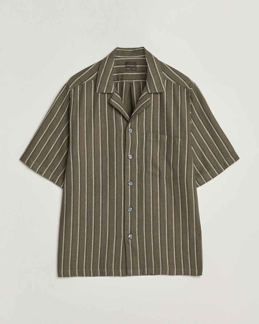 Oscar Jacobson Reg Fit Cuban Herringbone Short Sleeve Shirt Green – Grön