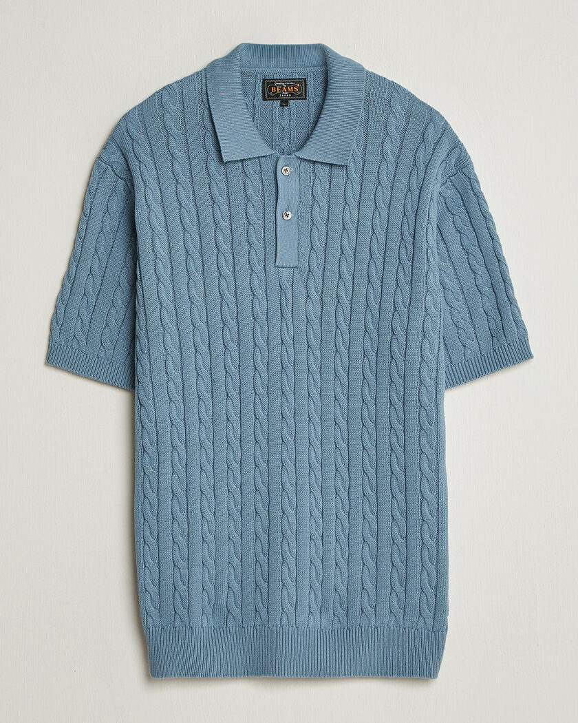BEAMS PLUS Short Sleeve Cable Polo Blue  – Blå