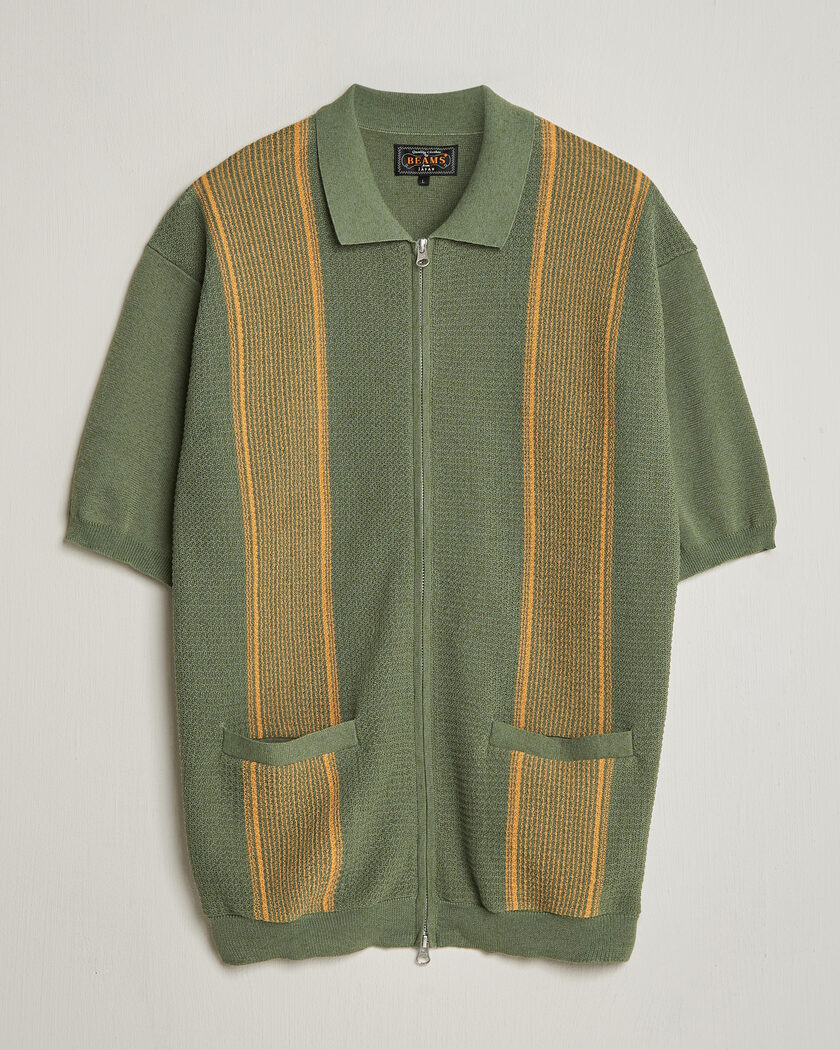 BEAMS PLUS Zip Knit Striped Polo Olive – Grön