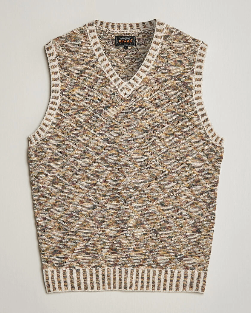 BEAMS PLUS Kasuri Jacquard Knit Vest Beige – Beige