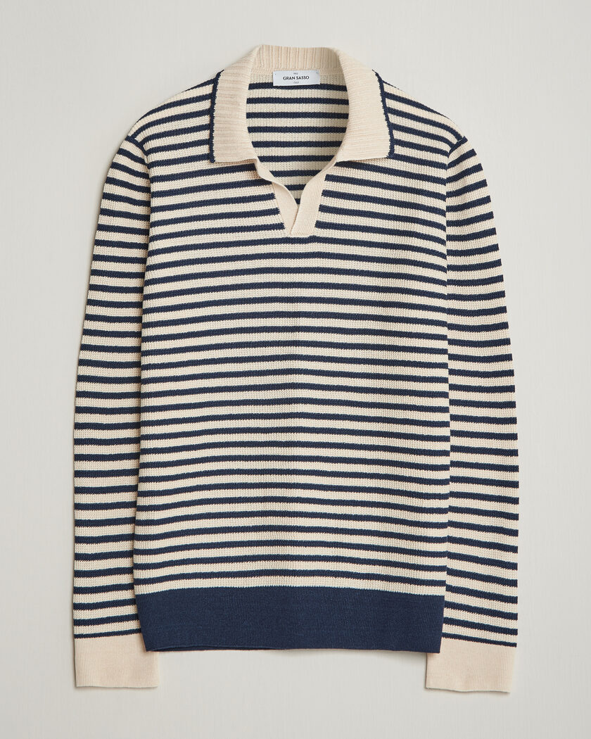 Gran Sasso Linen/Cotton Knitted Striped Polo Navy/White – Flerfärgad