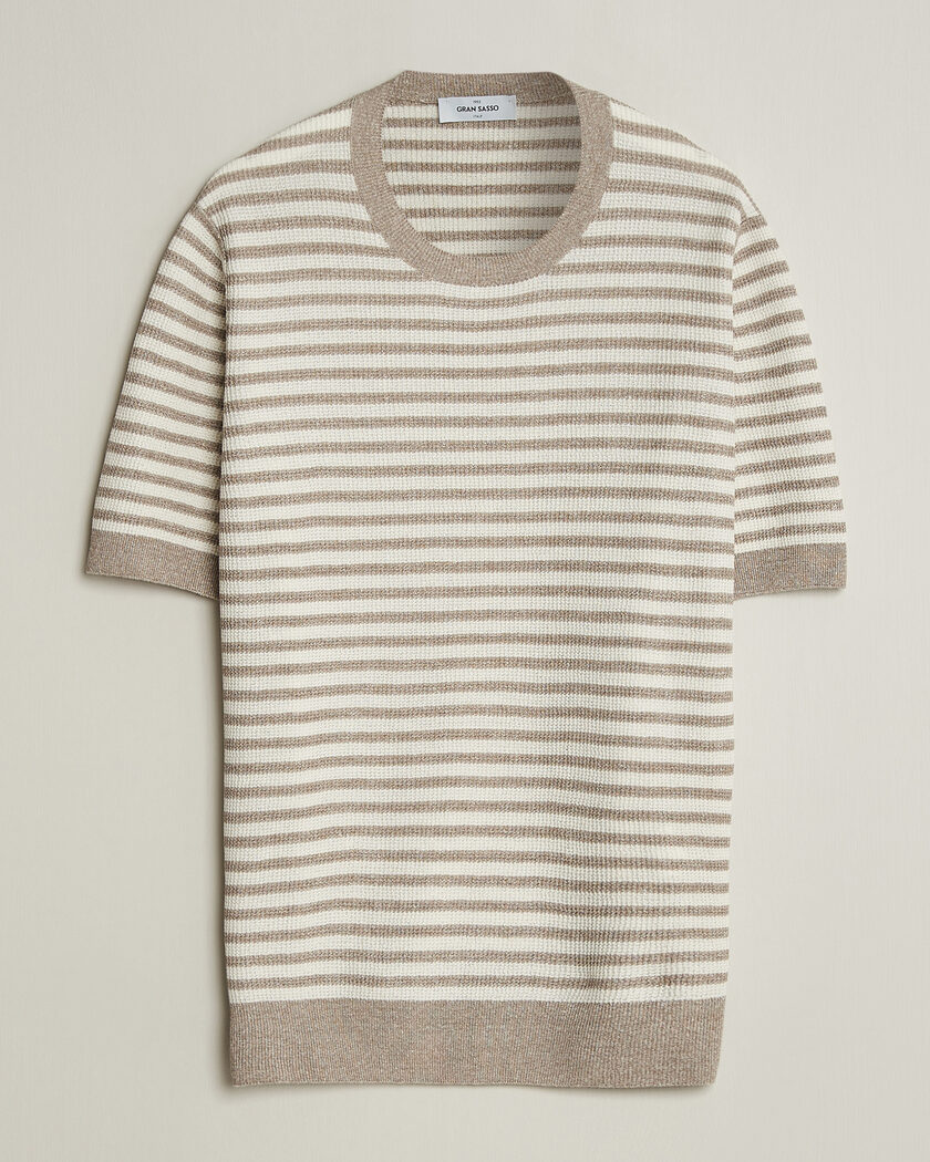 Gran Sasso Linen/Cotton Knitted Striped T-Shirt Beige/White – Flerfärgad