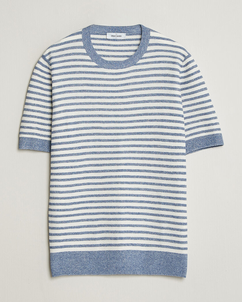 Gran Sasso Linen/Cotton Knitted Striped T-Shirt Blue/White – Flerfärgad
