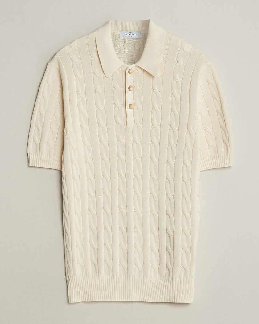 Gran Sasso Cotton Cable Knitted Polo Cream – Vit