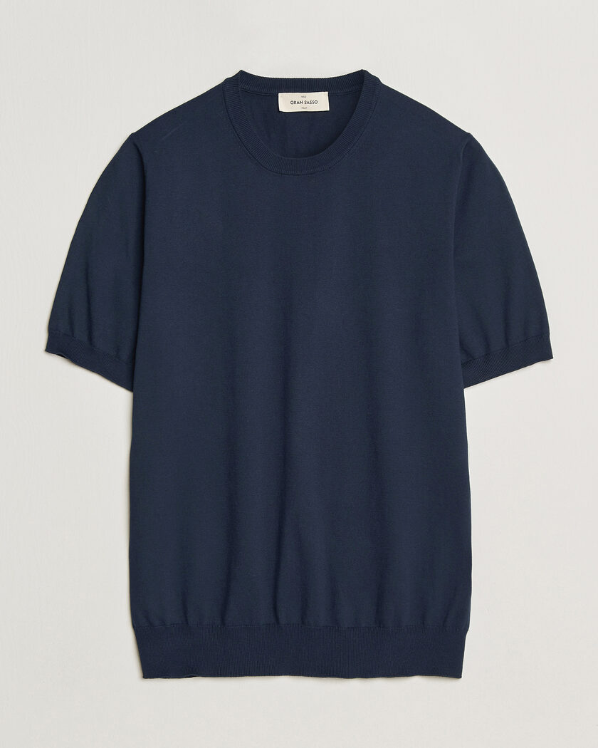 Gran Sasso Cotton Knitted Crew Neck T-Shirt Navy – Blå