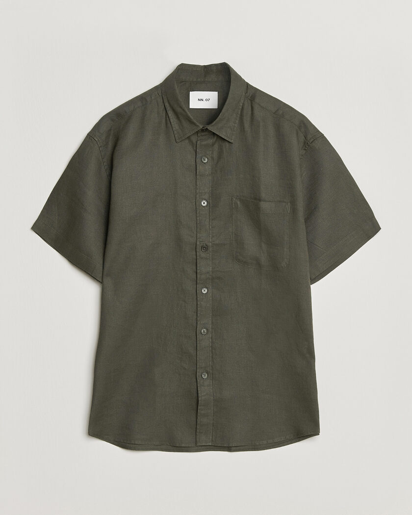 NN07 Deon Linen Short Sleeve Shirt Dark Army – Grön