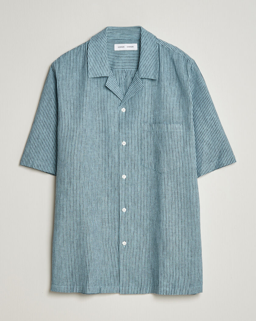 Samsøe Samsøe Oscar Linen/Cotton Striped Short Sleeve Shirt Tourmaline – Blå