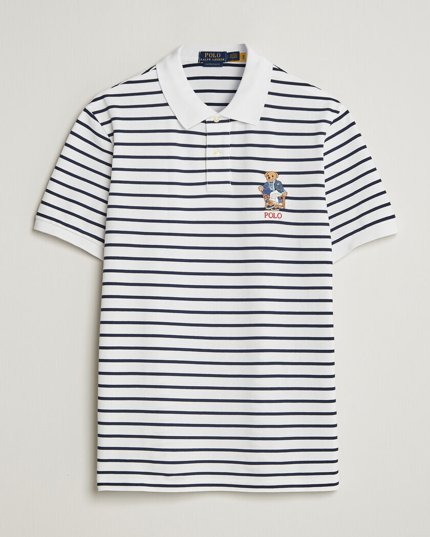 Polo Ralph Lauren Newport Bear Striped Custom Slim Polo White/Navy – Blå