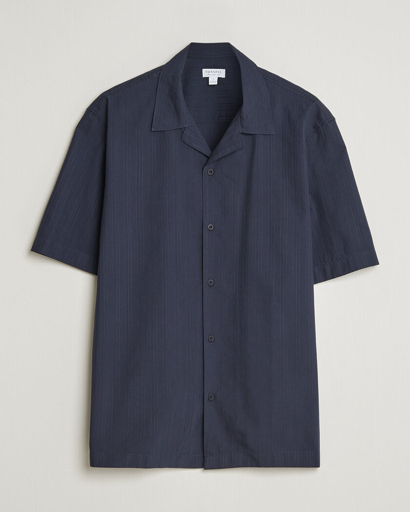 Sunspel Short Sleeve Textured Stripe Shirt Navy – Blå