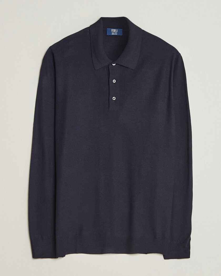 Fedeli 140s Fine Wool Long Sleeve Polo Navy – Blå