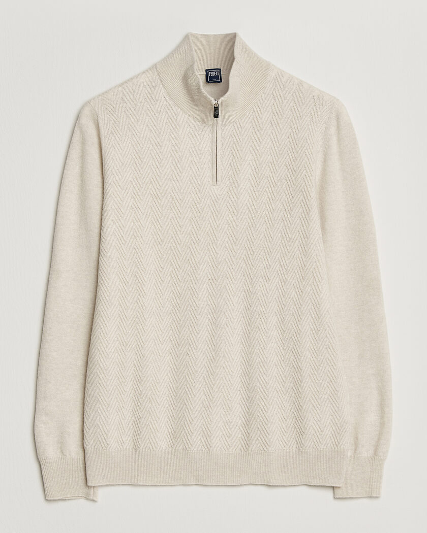 Fedeli Wool/Cashmere Chevron Half Zip Light Beige – Beige