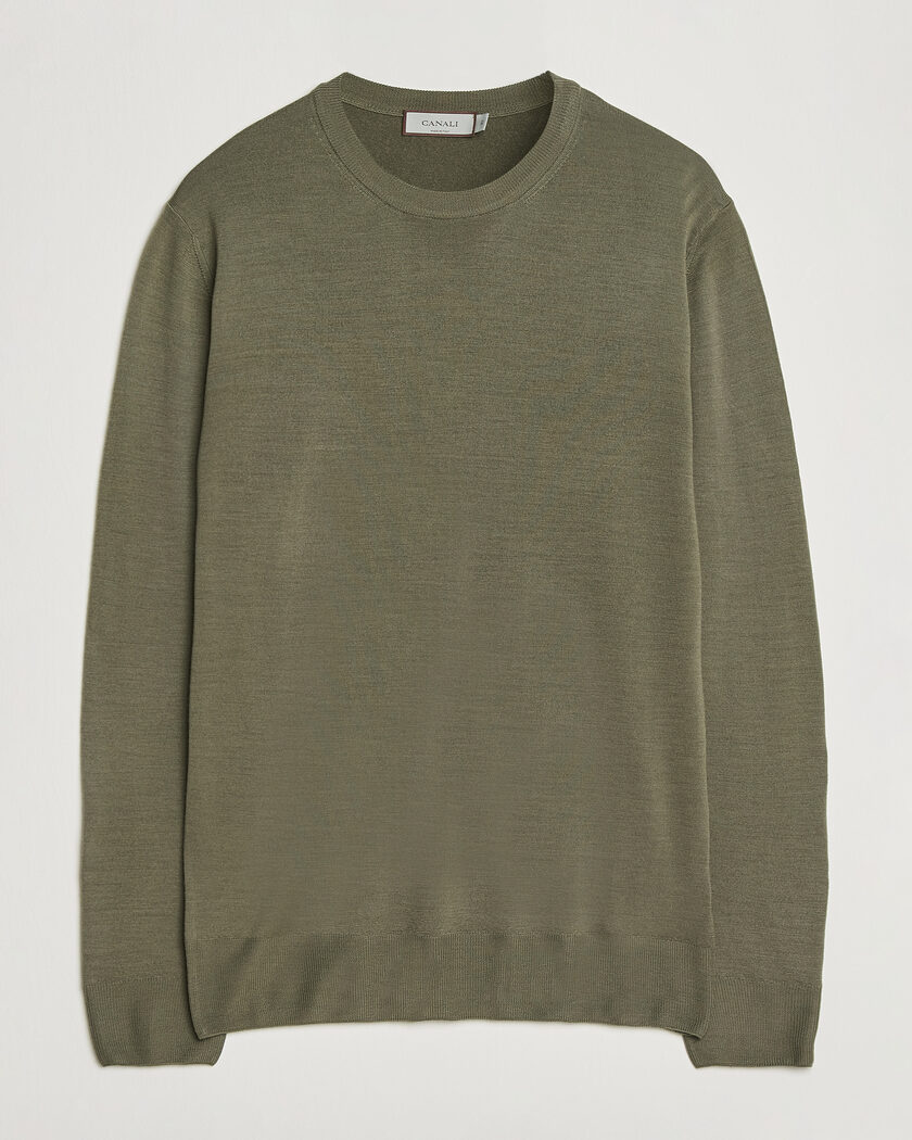 Canali Merino Wool Crew Neck Olive – Grön