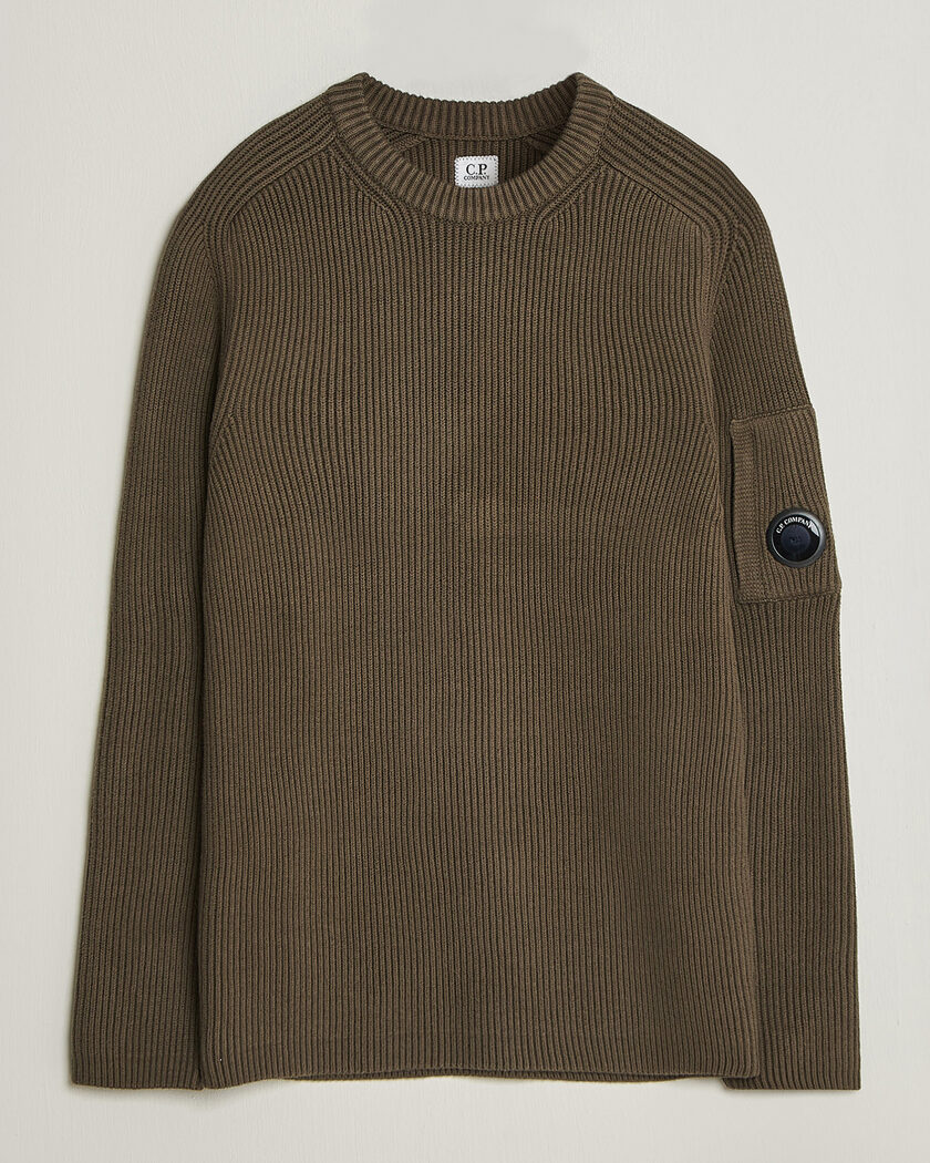 C.P. Company Full Rib Knitted Cotton Crew Neck Dark Green – Grön