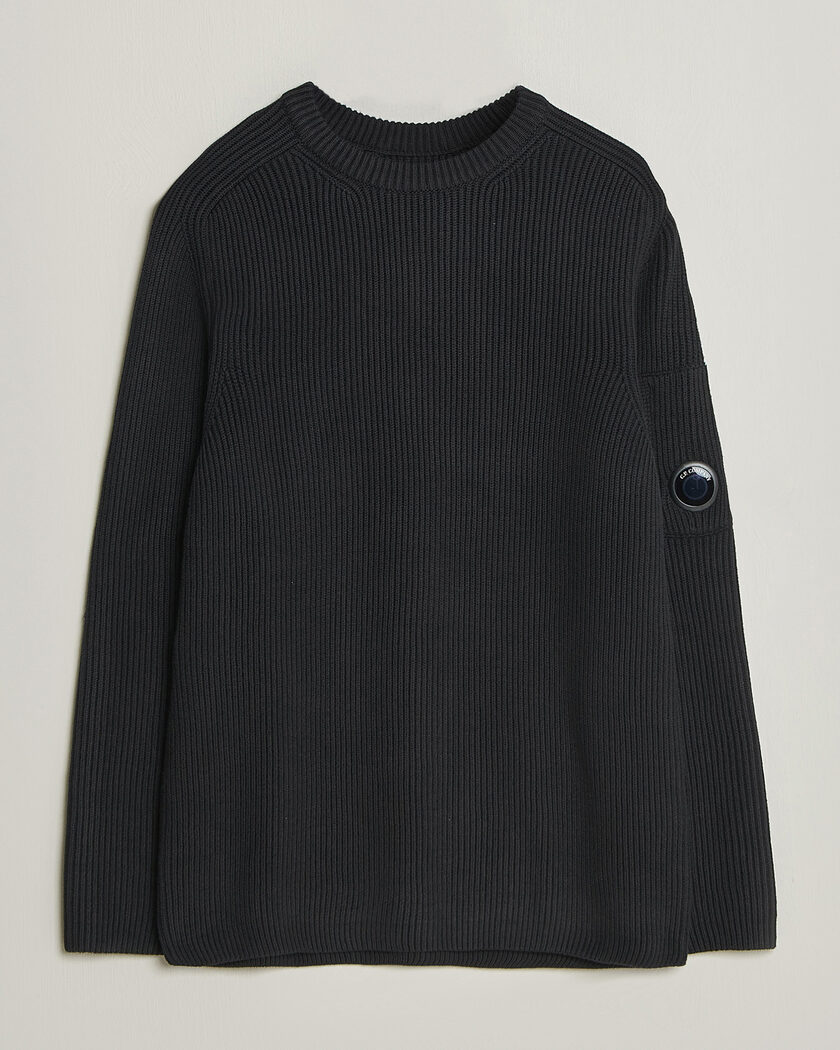C.P. Company Full Rib Knitted Cotton Crew Neck Black – Svart