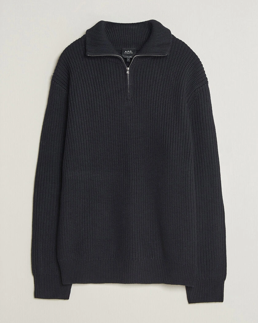 A.P.C. Daniel Wool Rib Knitted Half Zip Dark Navy – Blå