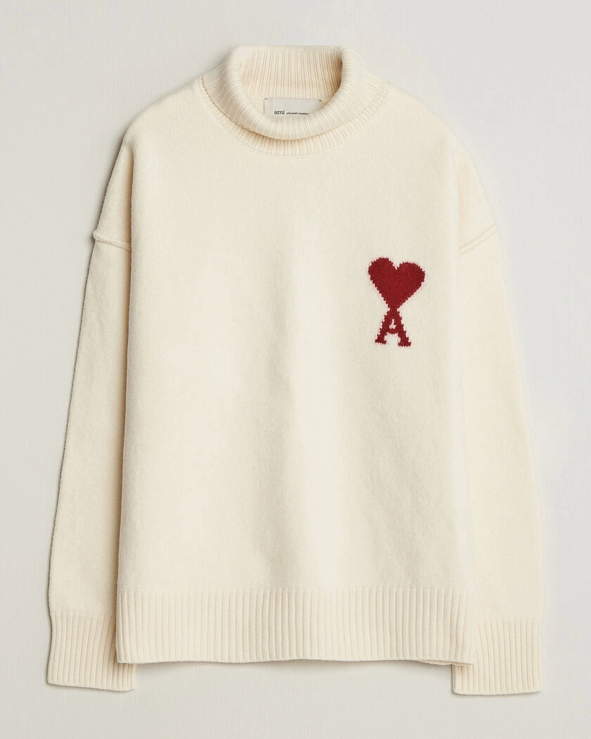AMI Big Heart Logo Wool Knitted Polo Ecru – Vit