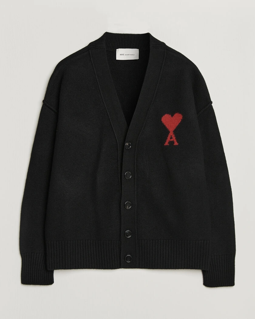 AMI Big Heart Logo Wool Knitted Cardigan Black – Svart