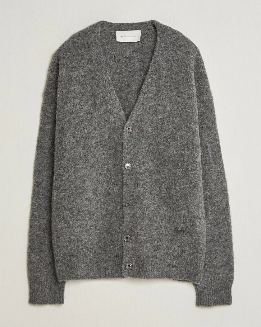 AMI Signature Logo Wool Knitted Cardigan Grey Melange – Grå
