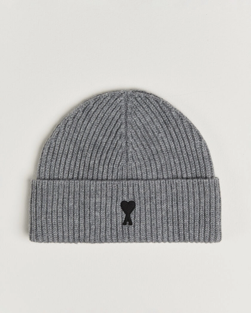 AMI Contrasted Heart Logo Beanie Light Grey Melange – Grå
