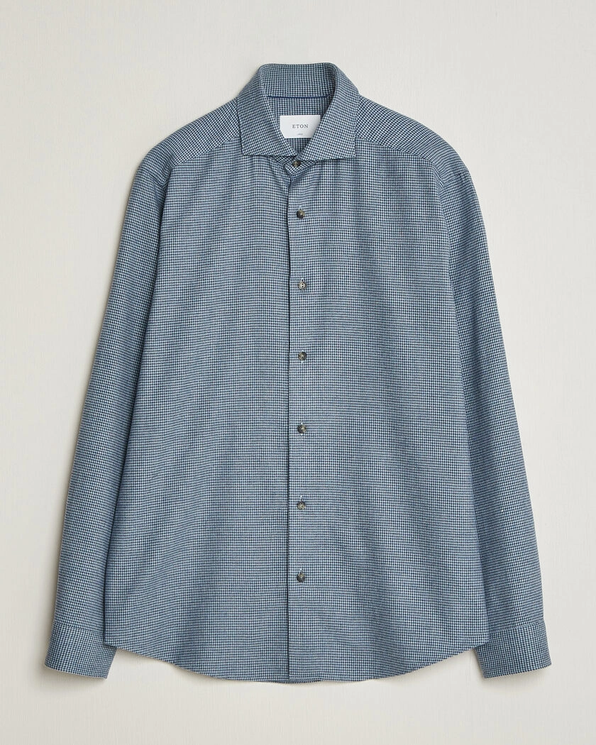Eton Casual Fit Houndstooth Flannel Shirt Mid Blue – Blå