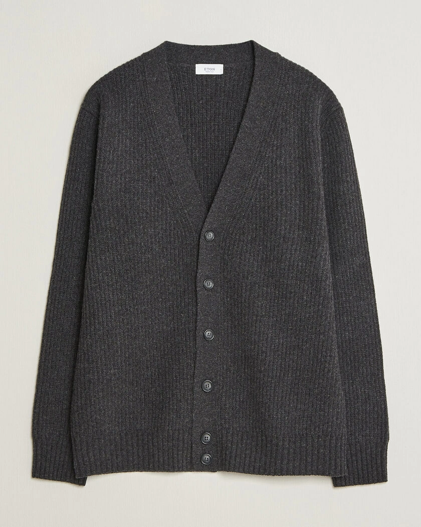 Eton Merino Wool Rib Cardigan Dark Grey – Grå