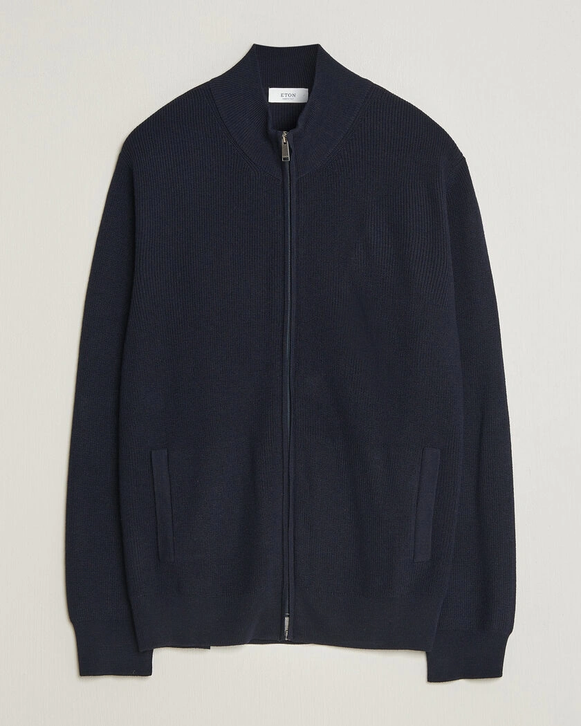 Eton Merino Wool Knitted Full Zip Navy Blue – Blå