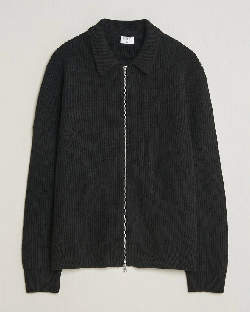 Filippa K Ribbed Wool Knitted Full Zip Black – Svart