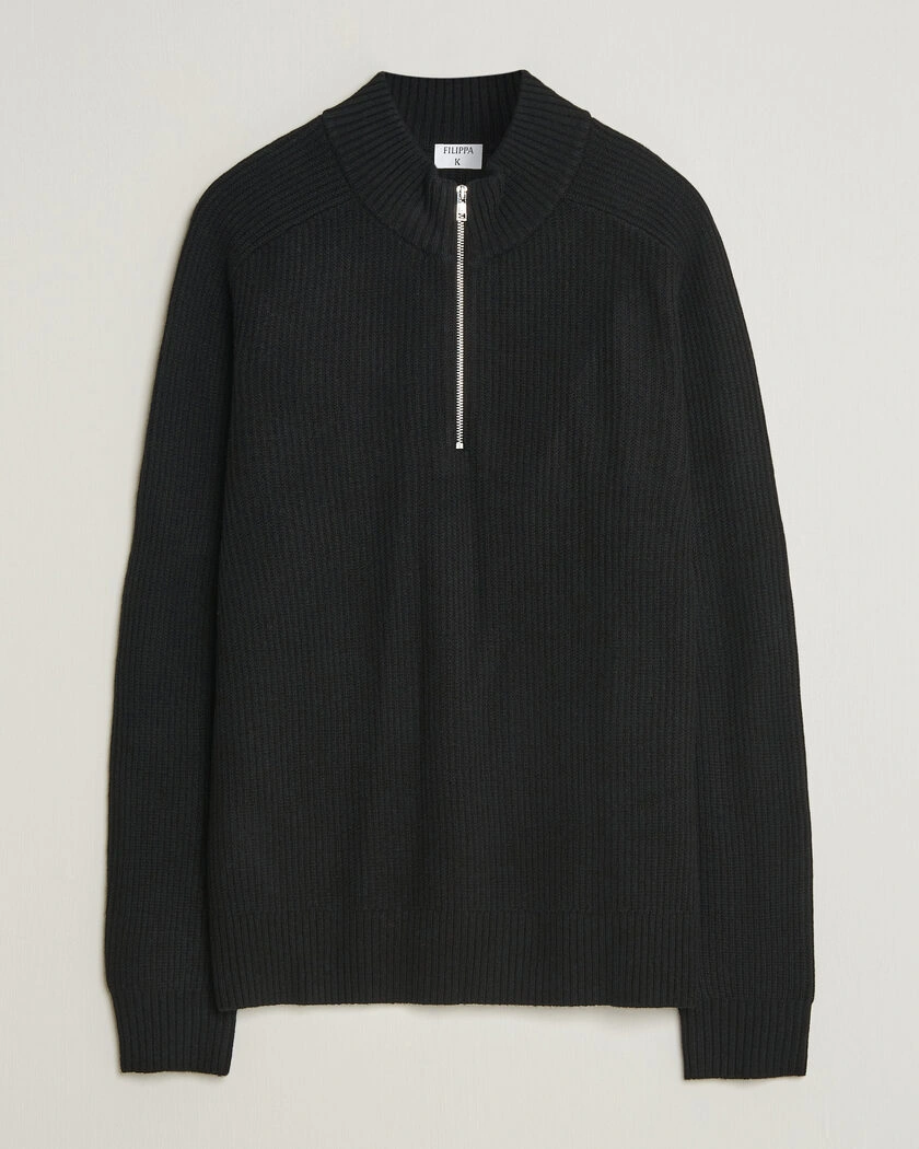 Filippa K Ribbed Wool Knitted Half Zip Black – Svart