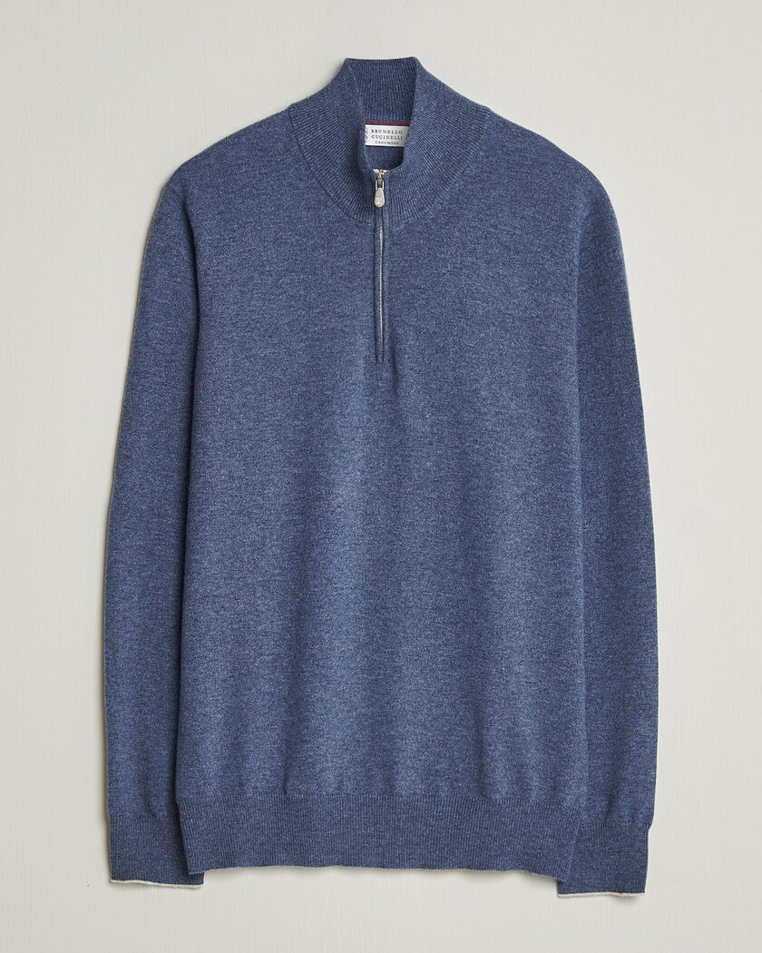 Brunello Cucinelli 2 Ply Cashmere Half Zip Denim Blue – Blå