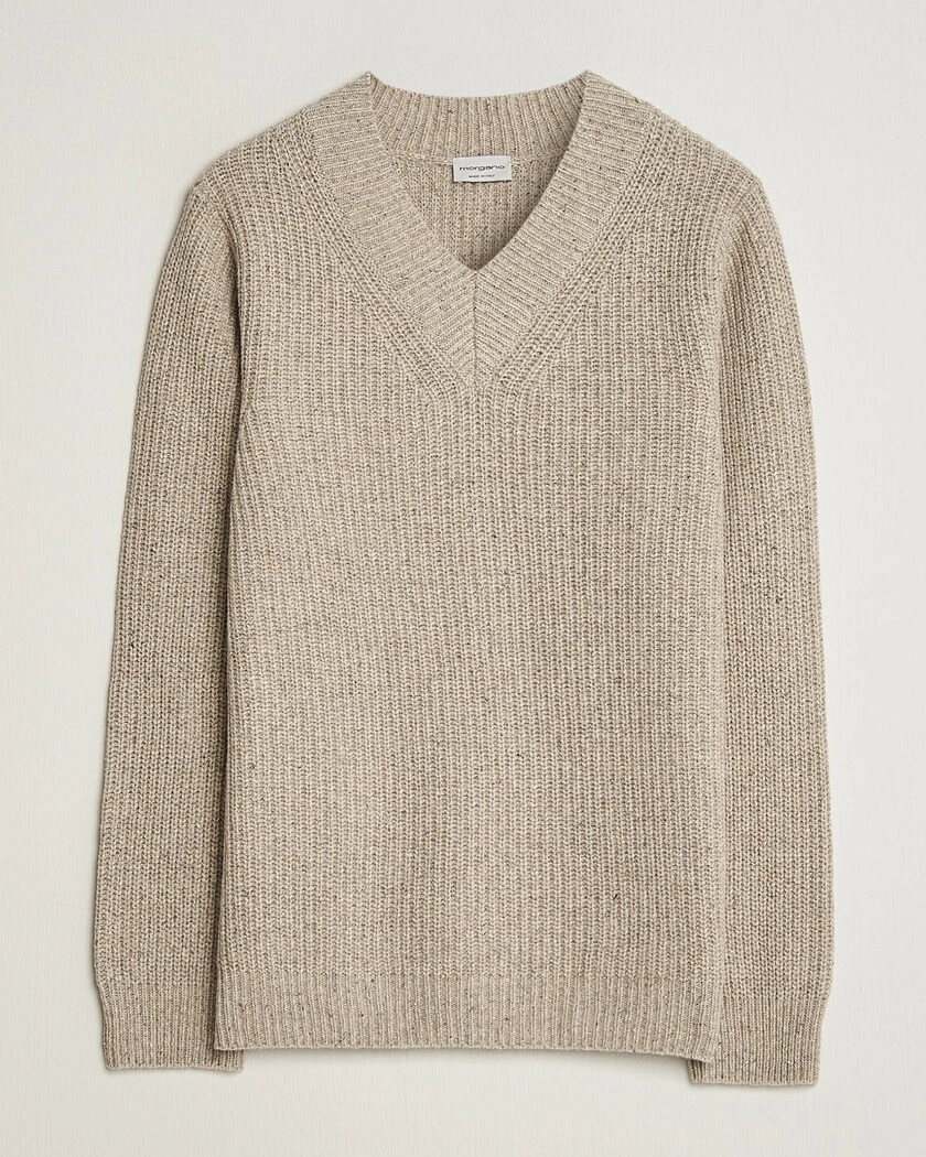 Morgano Fisherman Ribb Donegal Knitted V-Neck Beige – Beige