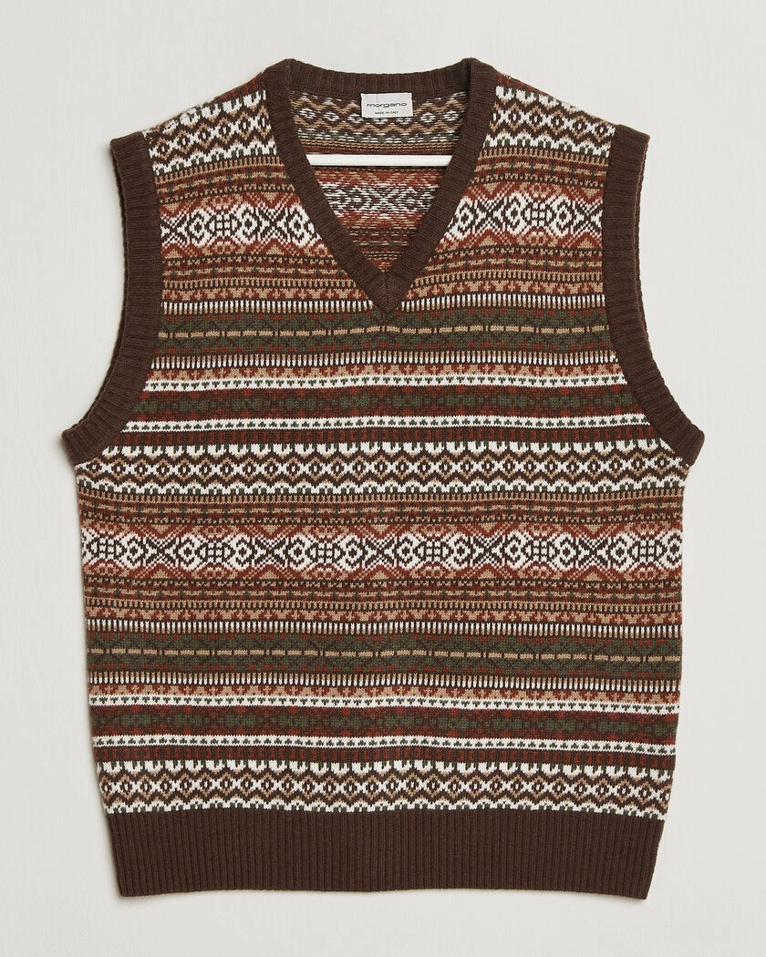 Morgano Wool/Cashmere Fair Isle Knitted Vest Brown – Brun