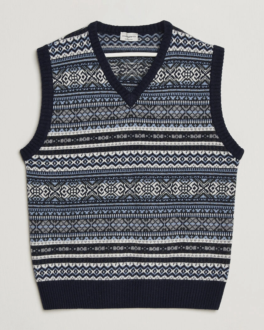 Morgano Wool/Cashmere Fair Isle Knitted Vest Navy – Blå