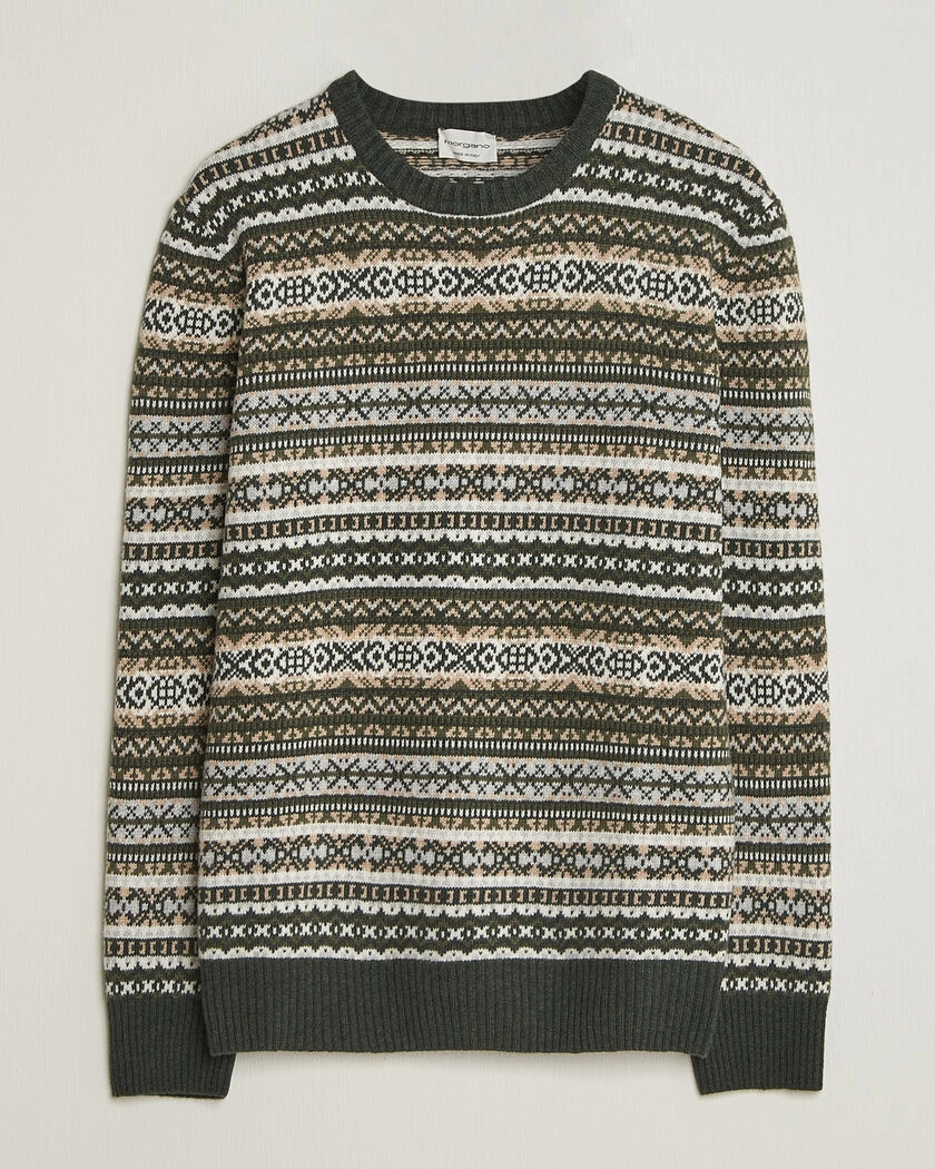 Morgano Wool/Cashmere Fair Isle Knitted Crewneck Green – Grön