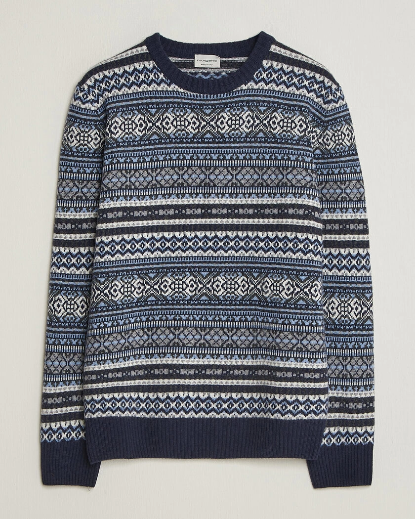 Morgano Wool/Cashmere Fair Isle Knitted Crewneck Navy – Blå