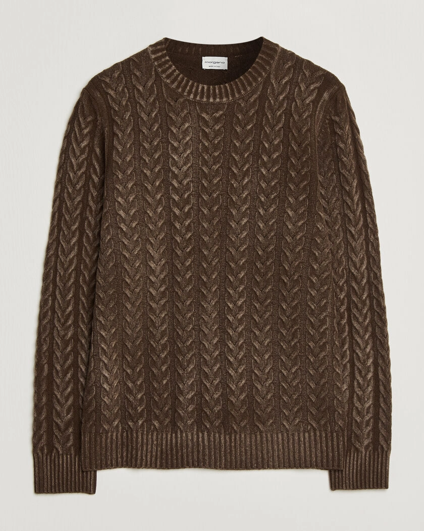 Morgano Cable Knitted Brushed Dyed Wool Crew Brown – Brun
