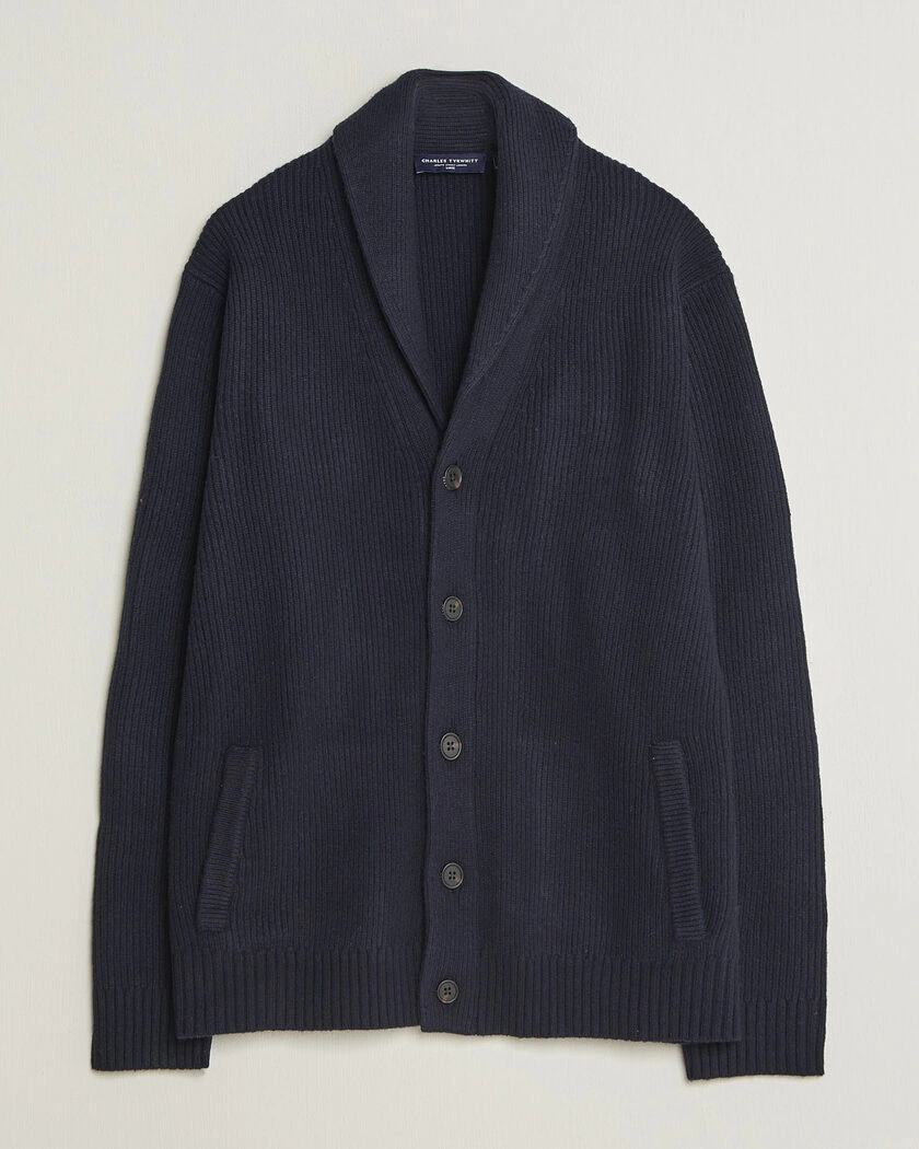 Charles Tyrwhitt Chunky Merino Shawl Neck Cardigan Navy – Blå